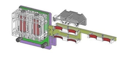 3D model of blow mold with removal station, cut and transport device for polyethylene bottle