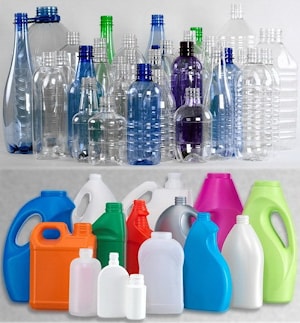 Samples of bottles for water and beverages, PET and PE bottles for various purposes, produced with blow molds and dies made by Plastic Technologies  